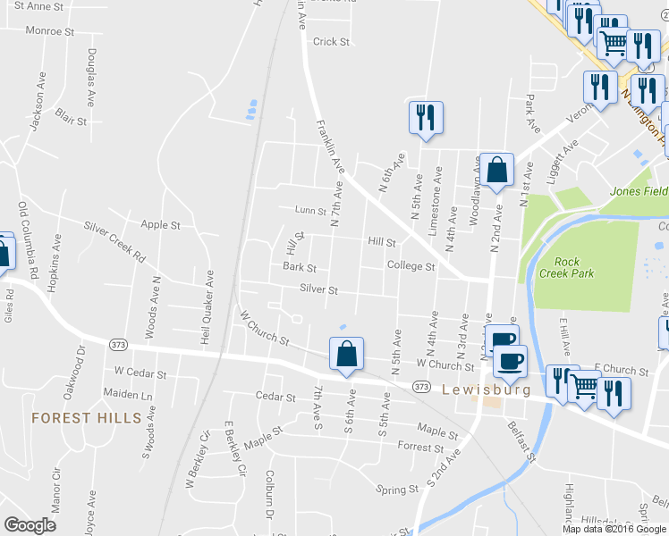 map of restaurants, bars, coffee shops, grocery stores, and more near 433 North 7th Avenue in Lewisburg