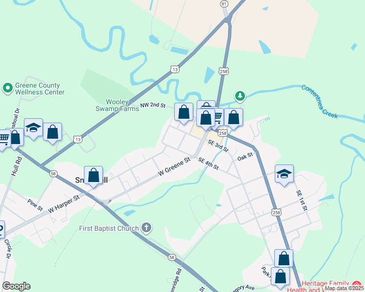 map of restaurants, bars, coffee shops, grocery stores, and more near 107 Northwest 4th Street in Snow Hill