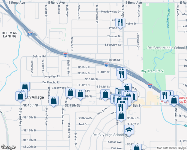 map of restaurants, bars, coffee shops, grocery stores, and more near 4000 Southeast 10th Street in Del City
