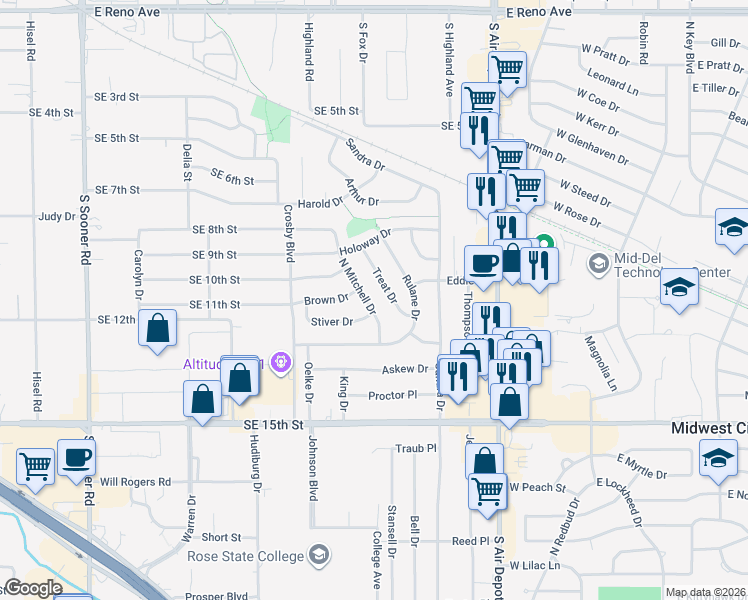 map of restaurants, bars, coffee shops, grocery stores, and more near 1908 North Mitchell Drive in Midwest City