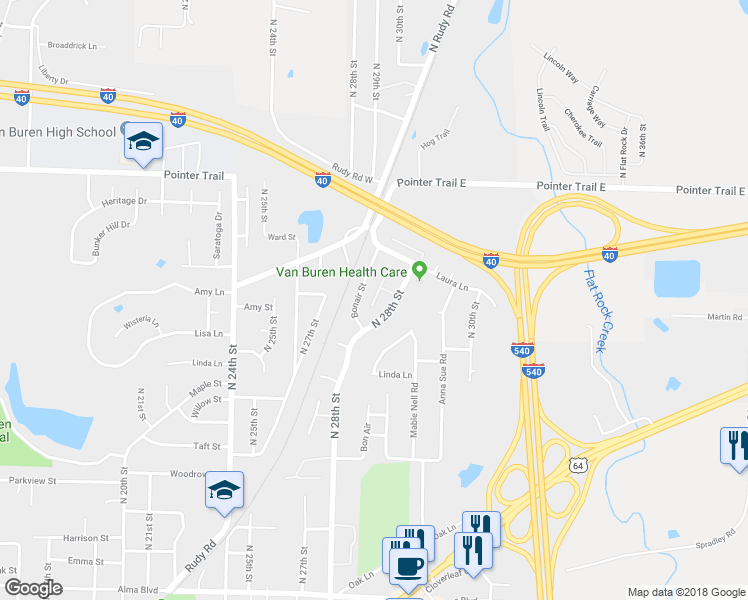 map of restaurants, bars, coffee shops, grocery stores, and more near 1337 Shadowalk Drive in Van Buren