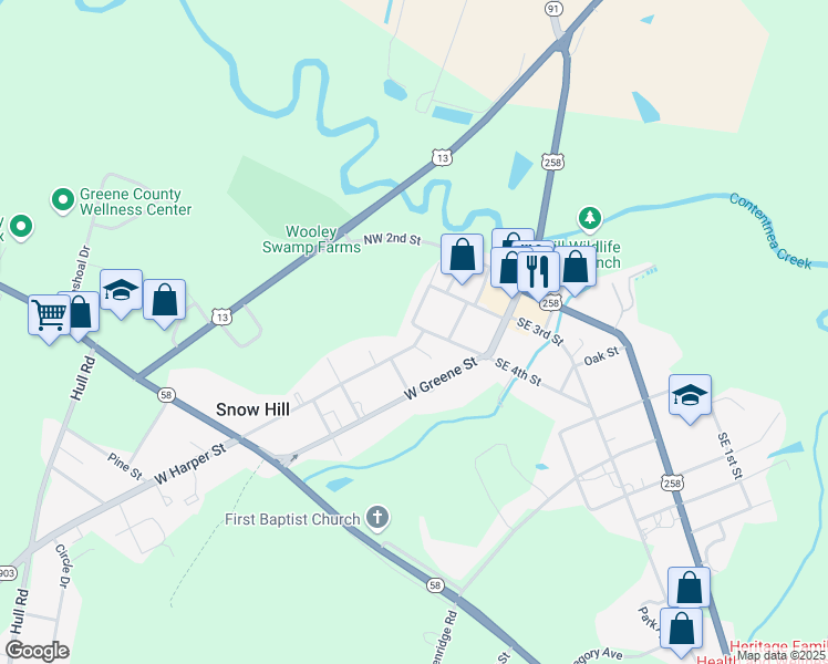 map of restaurants, bars, coffee shops, grocery stores, and more near 101 West Harper Street in Snow Hill