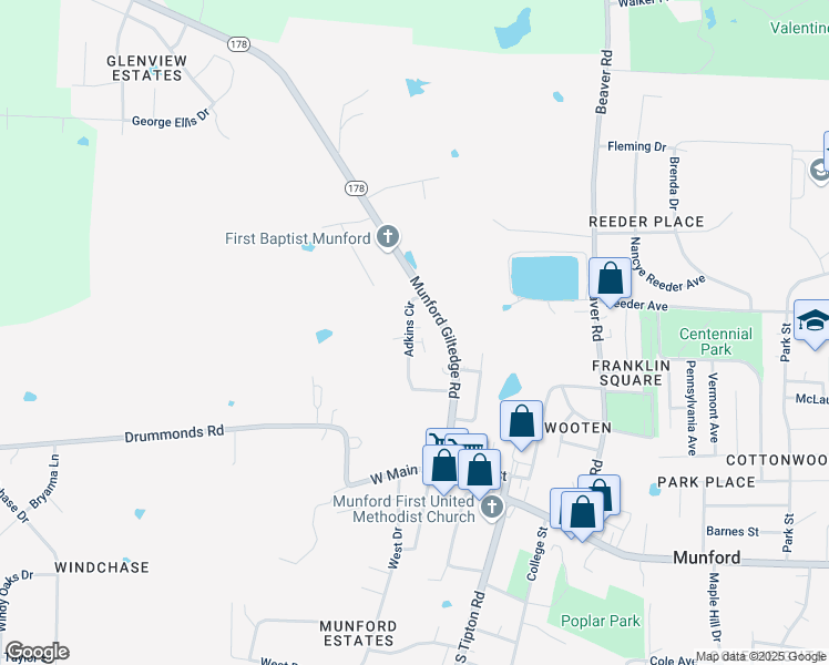 map of restaurants, bars, coffee shops, grocery stores, and more near 218 Adkins Cir in Munford