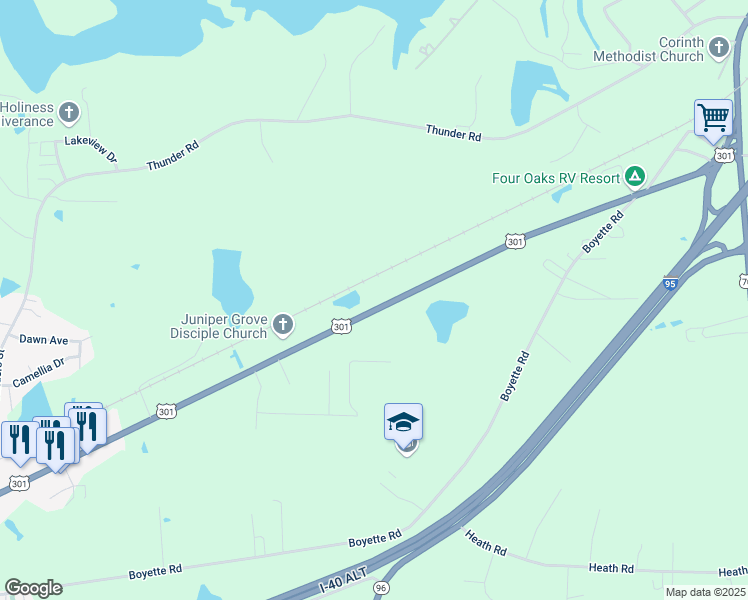 map of restaurants, bars, coffee shops, grocery stores, and more near 5154 U.S. Highway 301 South in Four Oaks