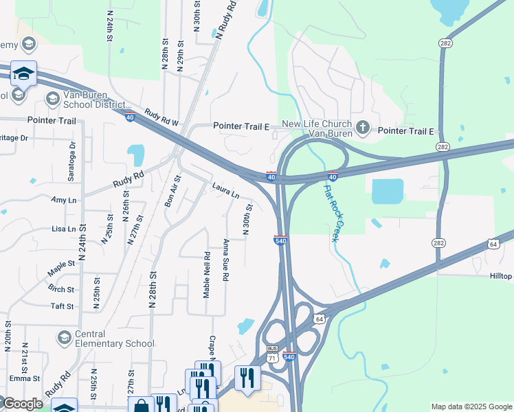 map of restaurants, bars, coffee shops, grocery stores, and more near 1413 North 30th Street in Van Buren