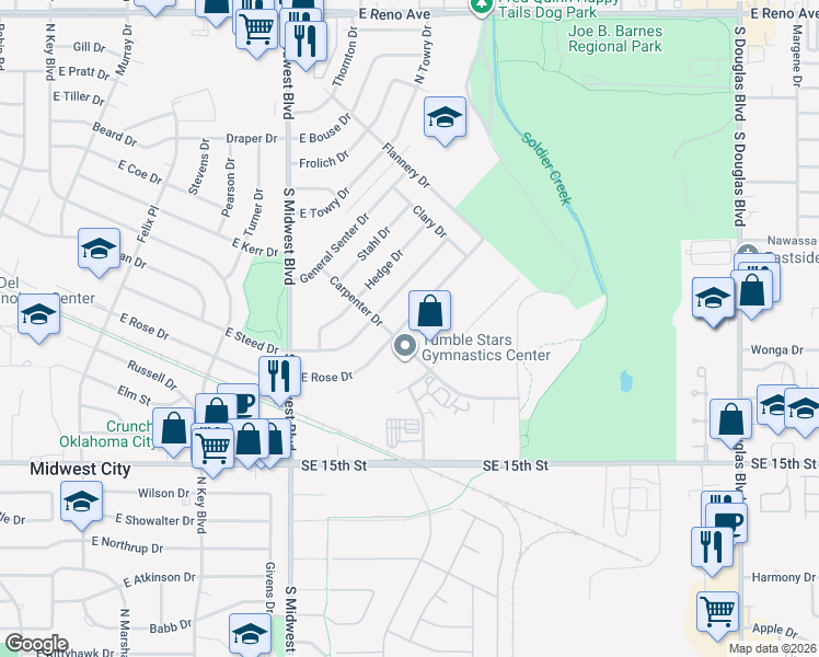 map of restaurants, bars, coffee shops, grocery stores, and more near 801 East Rose Drive in Midwest City