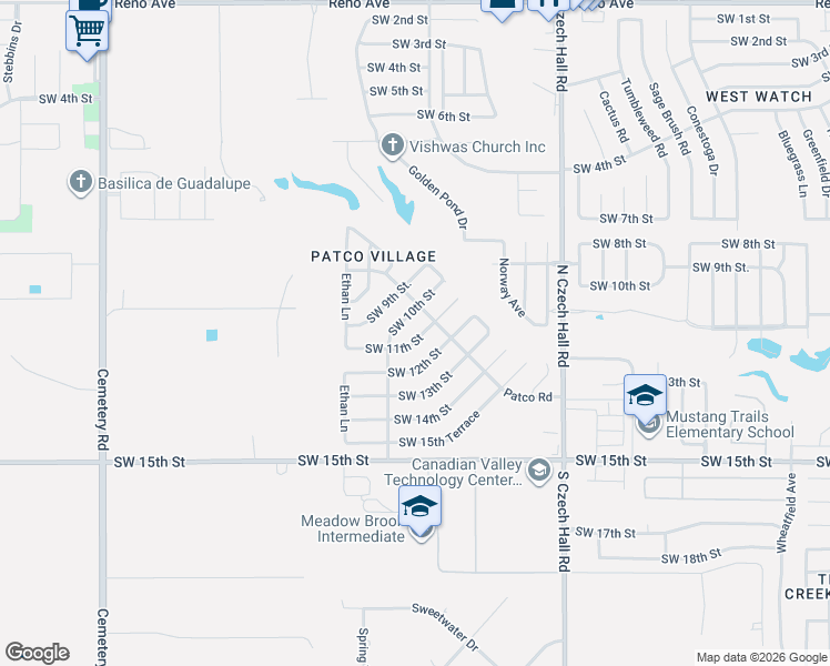 map of restaurants, bars, coffee shops, grocery stores, and more near 12304 Southwest 11th Street in Yukon