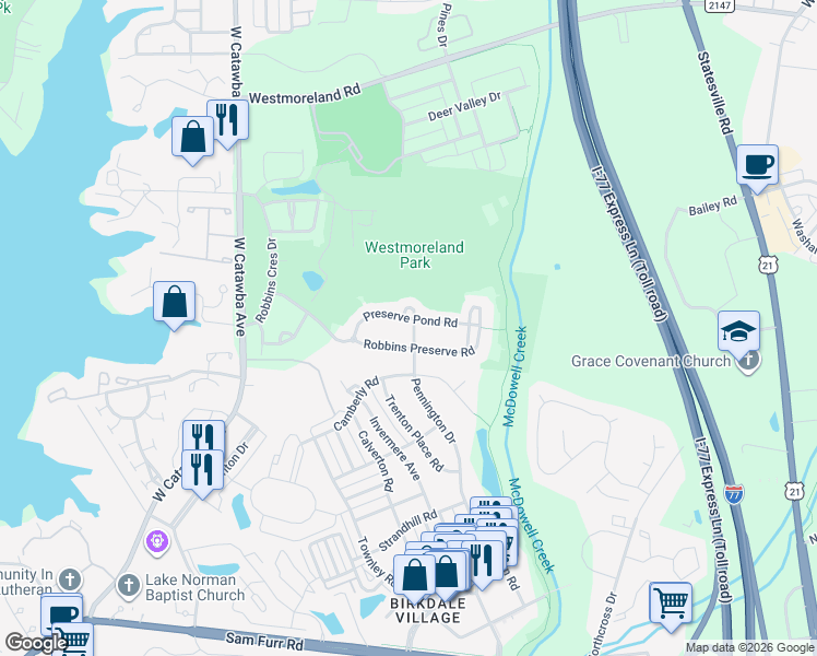 map of restaurants, bars, coffee shops, grocery stores, and more near 8702 Preserve Pond Road in Cornelius