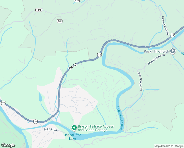 map of restaurants, bars, coffee shops, grocery stores, and more near 44 Riverside Drive in Bryson City