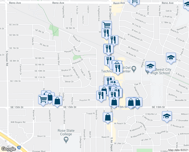 map of restaurants, bars, coffee shops, grocery stores, and more near 1809 Sandra Dr in Midwest City