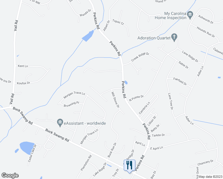 map of restaurants, bars, coffee shops, grocery stores, and more near Olde Mill Creek Drive in Goldsboro