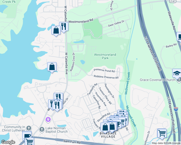map of restaurants, bars, coffee shops, grocery stores, and more near 8505 Preserve Pond Road in Cornelius