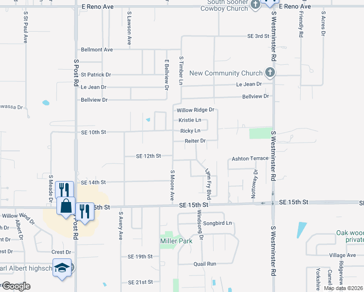 map of restaurants, bars, coffee shops, grocery stores, and more near 1105 Patrick Court in Midwest City