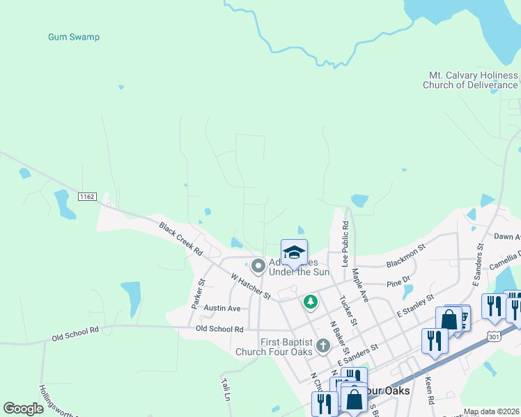 map of restaurants, bars, coffee shops, grocery stores, and more near 60 Catchers Circle in Four Oaks