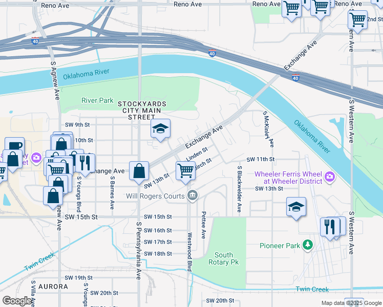map of restaurants, bars, coffee shops, grocery stores, and more near 1627 Linden Street in Oklahoma City