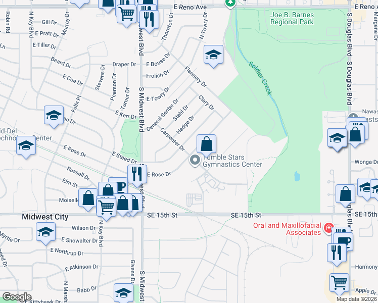 map of restaurants, bars, coffee shops, grocery stores, and more near 801 East Rose Drive in Midwest City