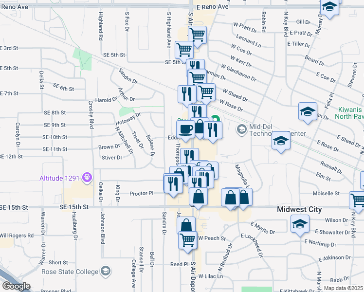 map of restaurants, bars, coffee shops, grocery stores, and more near 1808 Thompson Dr in Midwest City