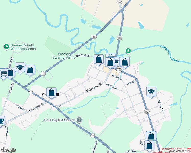map of restaurants, bars, coffee shops, grocery stores, and more near 109 Northwest 4th Street in Snow Hill
