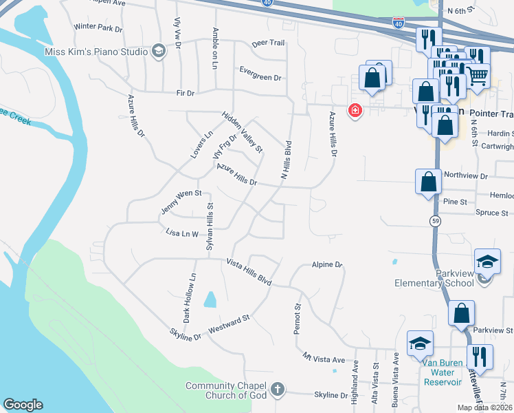 map of restaurants, bars, coffee shops, grocery stores, and more near 602 Jenny Wren Street in Van Buren