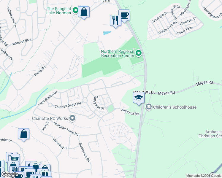 map of restaurants, bars, coffee shops, grocery stores, and more near 10318 Caldwell Depot Road in Cornelius