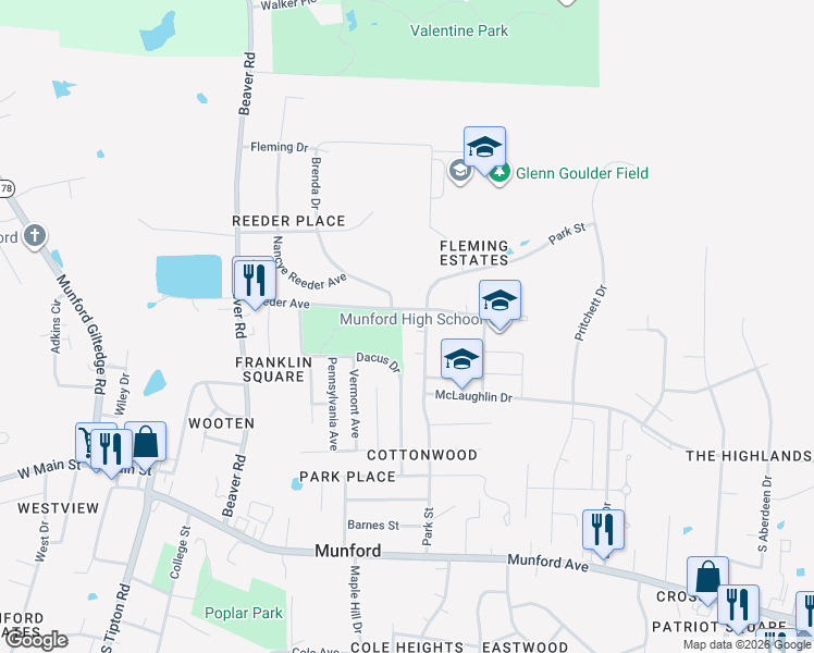 map of restaurants, bars, coffee shops, grocery stores, and more near 28 Raphael Cove in Munford