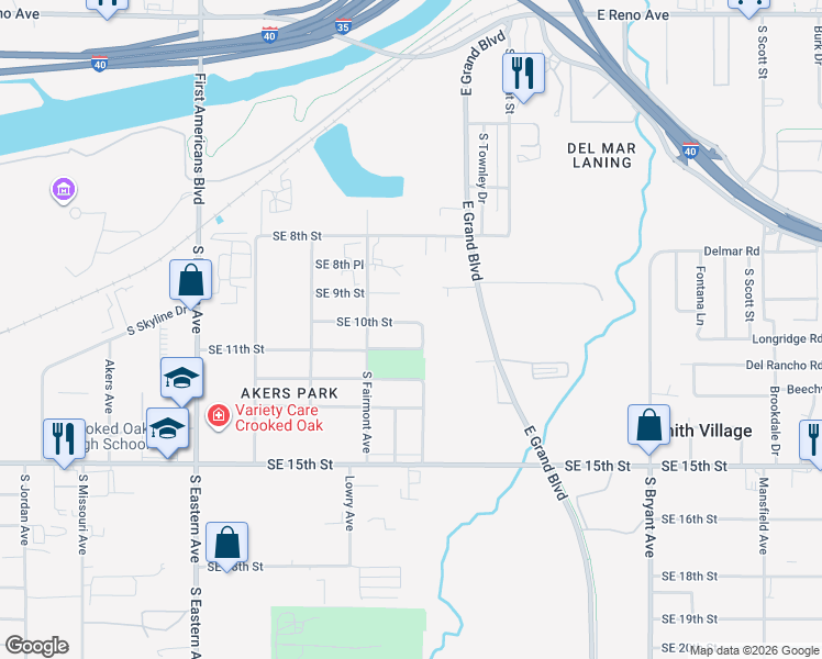 map of restaurants, bars, coffee shops, grocery stores, and more near 2446 Southeast 10th Street in Oklahoma City