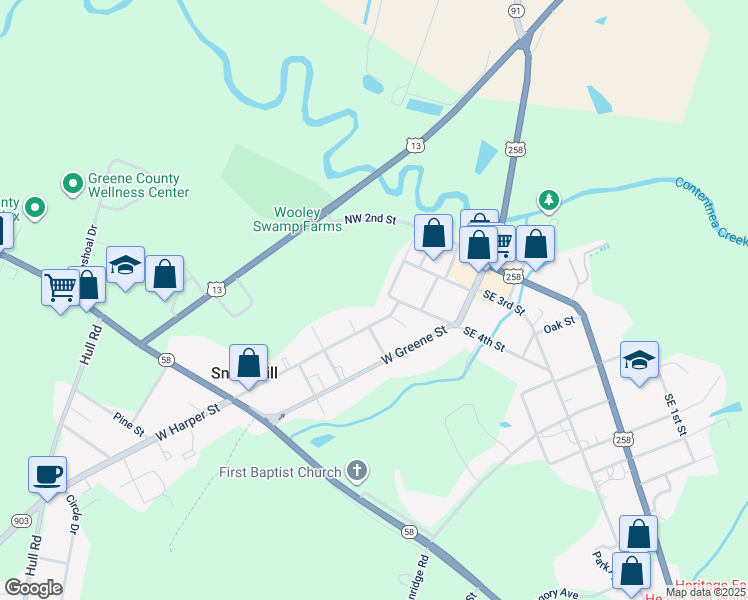 map of restaurants, bars, coffee shops, grocery stores, and more near 101 West Harper Street in Snow Hill