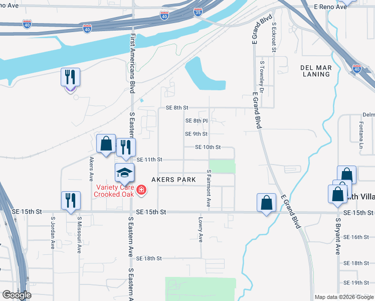 map of restaurants, bars, coffee shops, grocery stores, and more near 2316 Southeast 10th Street in Oklahoma City