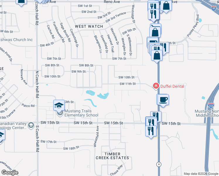 map of restaurants, bars, coffee shops, grocery stores, and more near 1213 Greenfield Avenue in Yukon