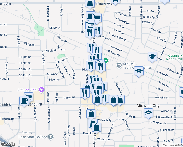 map of restaurants, bars, coffee shops, grocery stores, and more near 1808 Thompson Drive in Midwest City