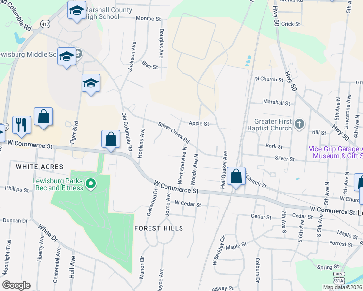 map of restaurants, bars, coffee shops, grocery stores, and more near 326 West End Avenue South in Lewisburg