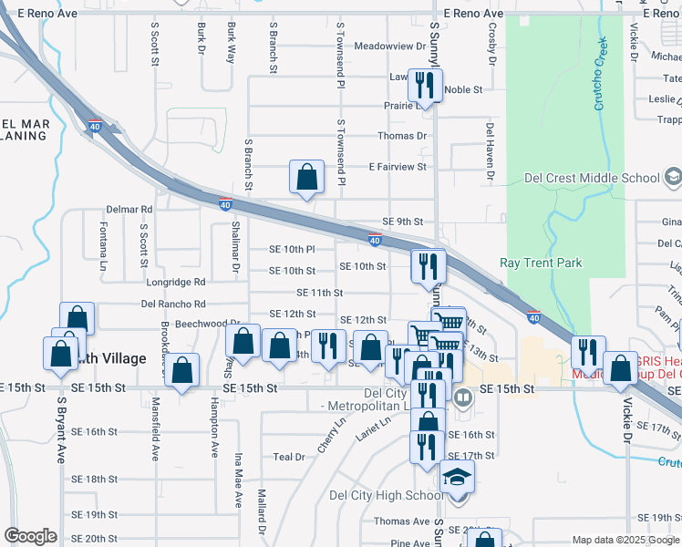 map of restaurants, bars, coffee shops, grocery stores, and more near 4000 Southeast 10th Street in Del City
