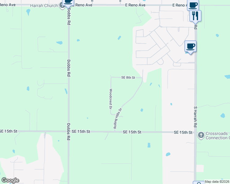 map of restaurants, bars, coffee shops, grocery stores, and more near 1172 Woodcrest Drive in Harrah