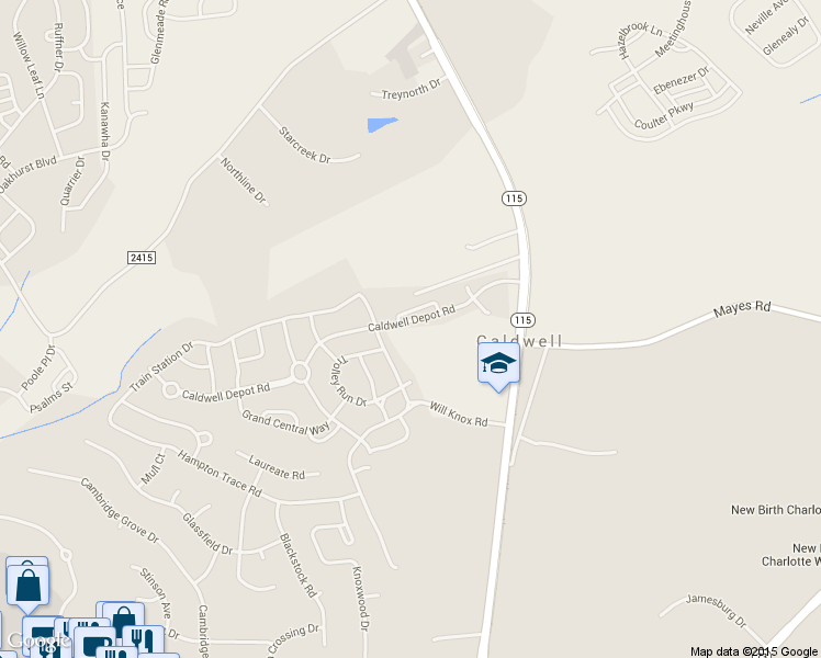 map of restaurants, bars, coffee shops, grocery stores, and more near 10402 Caldwell Depot Road in Cornelius