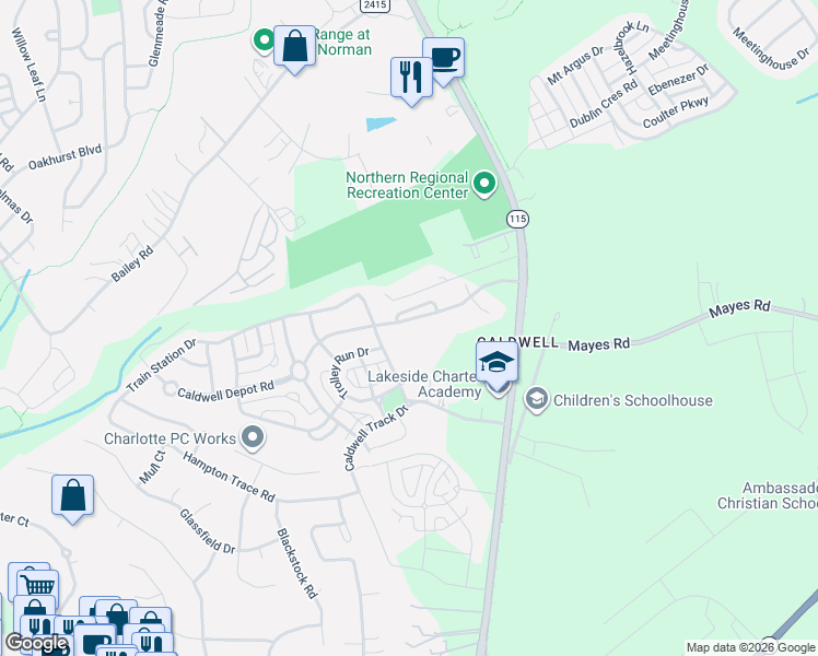 map of restaurants, bars, coffee shops, grocery stores, and more near 10402 Caldwell Depot Road in Cornelius