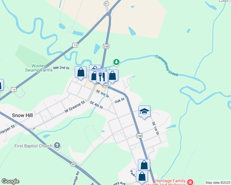 map of restaurants, bars, coffee shops, grocery stores, and more near 211 Southeast 2nd Street in Snow Hill