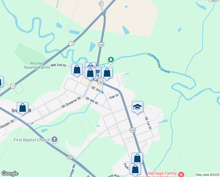 map of restaurants, bars, coffee shops, grocery stores, and more near 211 Southeast 2nd Street in Snow Hill