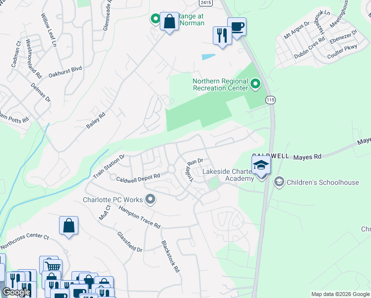 map of restaurants, bars, coffee shops, grocery stores, and more near 10143 Caldwell Depot Road in Cornelius