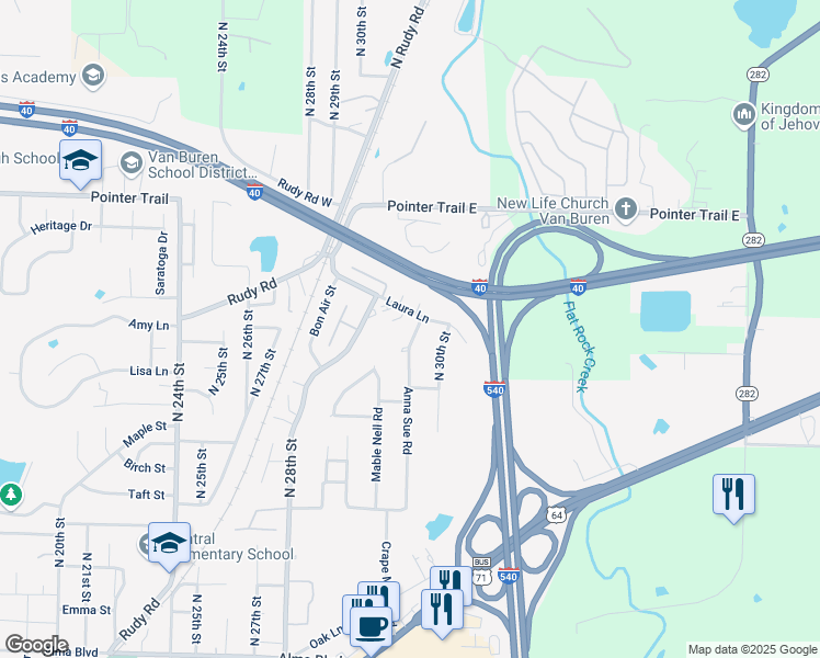 map of restaurants, bars, coffee shops, grocery stores, and more near 1405 Anna Sue Road in Van Buren
