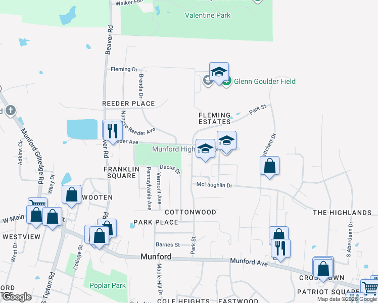 map of restaurants, bars, coffee shops, grocery stores, and more near 28 Raphael Cove in Munford