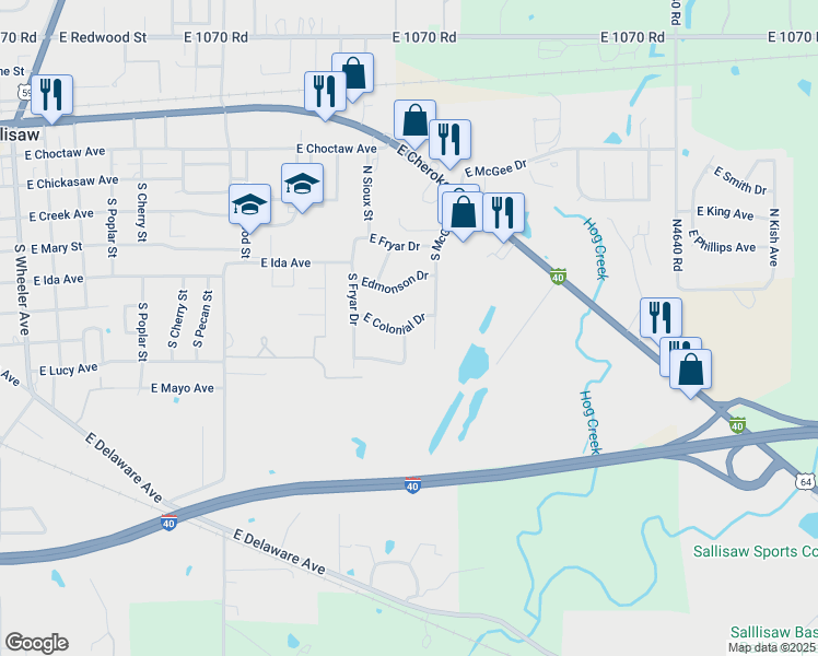 map of restaurants, bars, coffee shops, grocery stores, and more near 1706 East Colonial Drive in Sallisaw