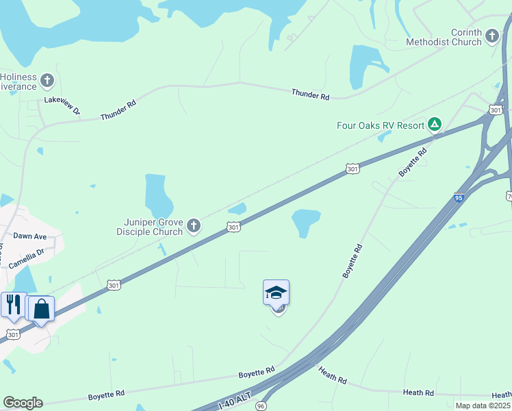 map of restaurants, bars, coffee shops, grocery stores, and more near 5154 U.S. Highway 301 South in Four Oaks