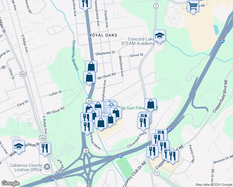 map of restaurants, bars, coffee shops, grocery stores, and more near 913 Skyway Drive in Kannapolis
