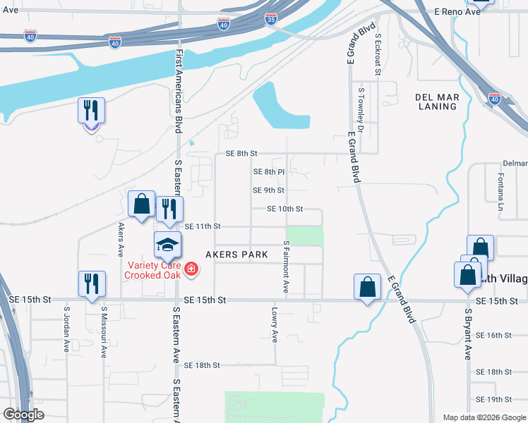 map of restaurants, bars, coffee shops, grocery stores, and more near 2316 Southeast 10th Street in Oklahoma City