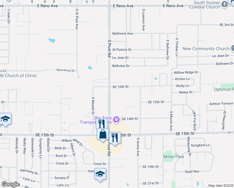 map of restaurants, bars, coffee shops, grocery stores, and more near 10100 Southeast 10th Street in Midwest City
