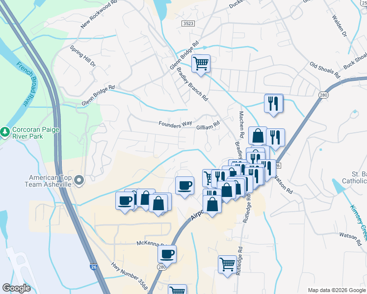 map of restaurants, bars, coffee shops, grocery stores, and more near 24 Chambers Garden Drive in Arden