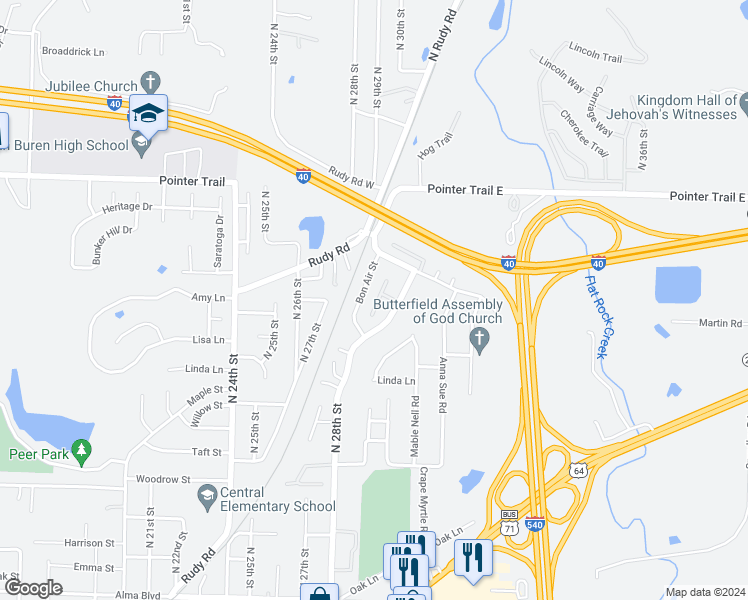 map of restaurants, bars, coffee shops, grocery stores, and more near 1347 Shadowalk Drive in Van Buren
