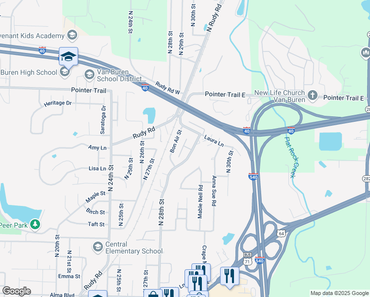 map of restaurants, bars, coffee shops, grocery stores, and more near 1352 Shadowalk Drive in Van Buren