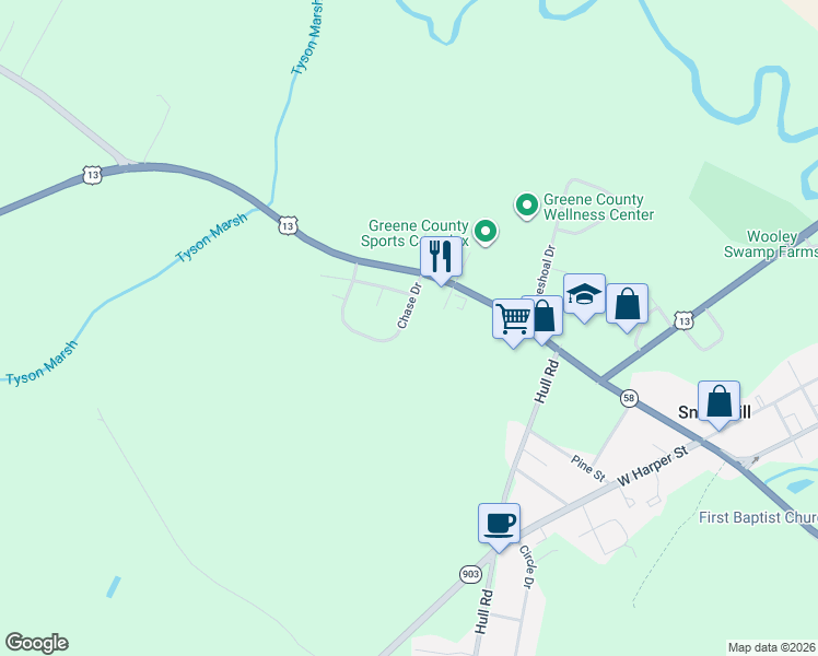 map of restaurants, bars, coffee shops, grocery stores, and more near 123 Chase Drive in Snow Hill
