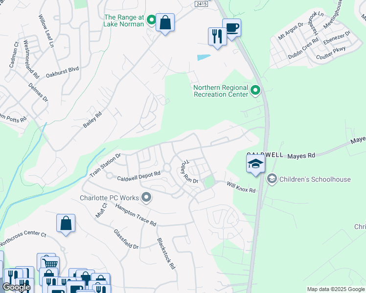 map of restaurants, bars, coffee shops, grocery stores, and more near 10143 Caldwell Depot Road in Cornelius